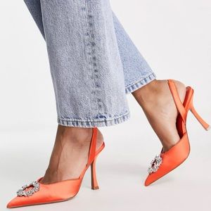 ASOS satin sling back heels in Orange with embellished brooch detail, US 7